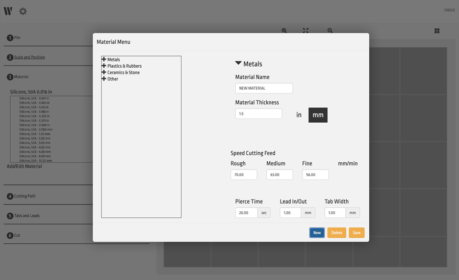 WAM software materials choice screen